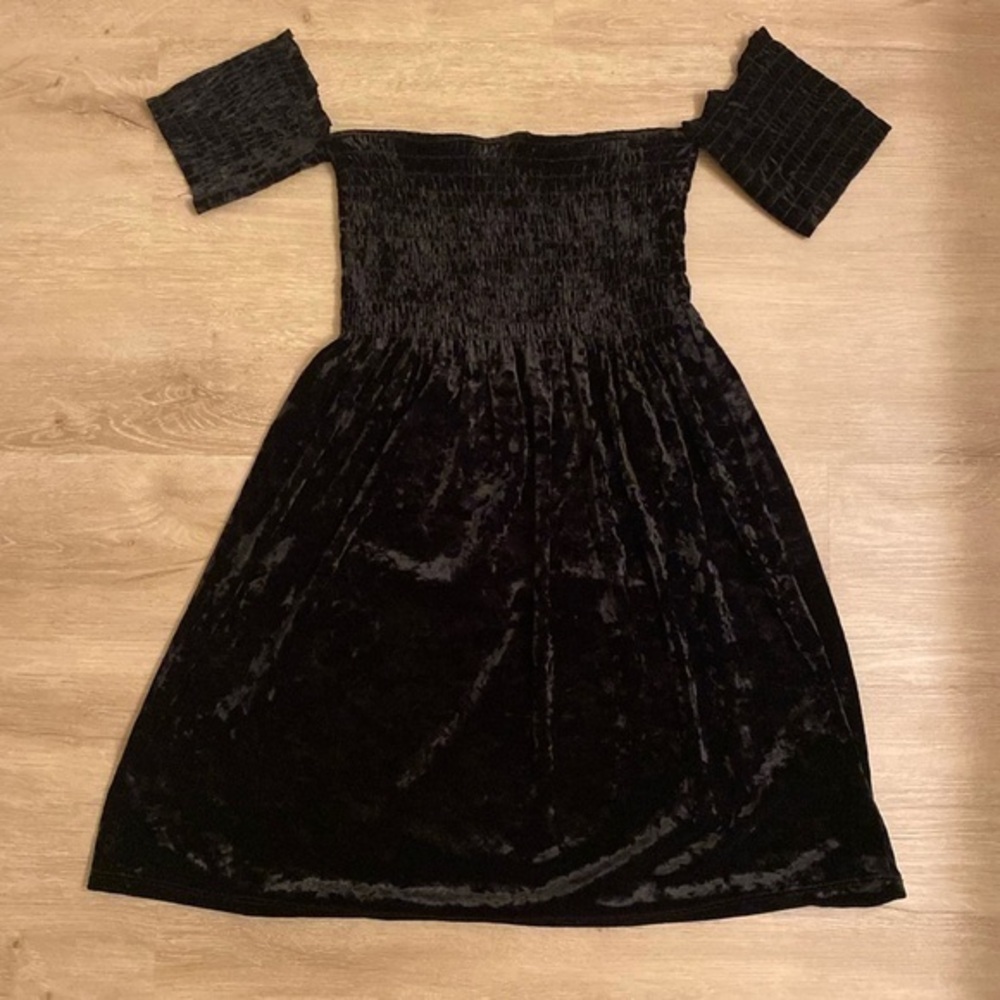 Tres Bien Black Crushed Velvet Mini Dress Off Shoulder 90s Goth